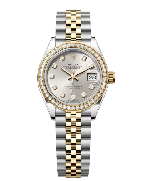 Rolex Lady-Datejust 28 Oyster Perpetual Oystersteel and yellow gold silver, diamond-set dial Jubilee band Reference 279383RBR
