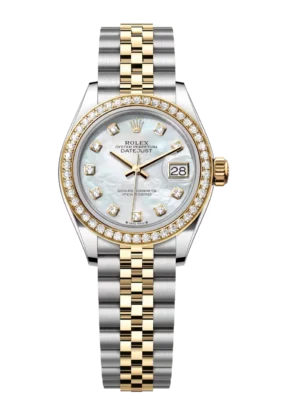 Rolex Lady-Datejust 28 Oyster Perpetual Oystersteel and yellow gold white mother-of-pearl, diamond-set dial Jubilee band Reference 279383RBR