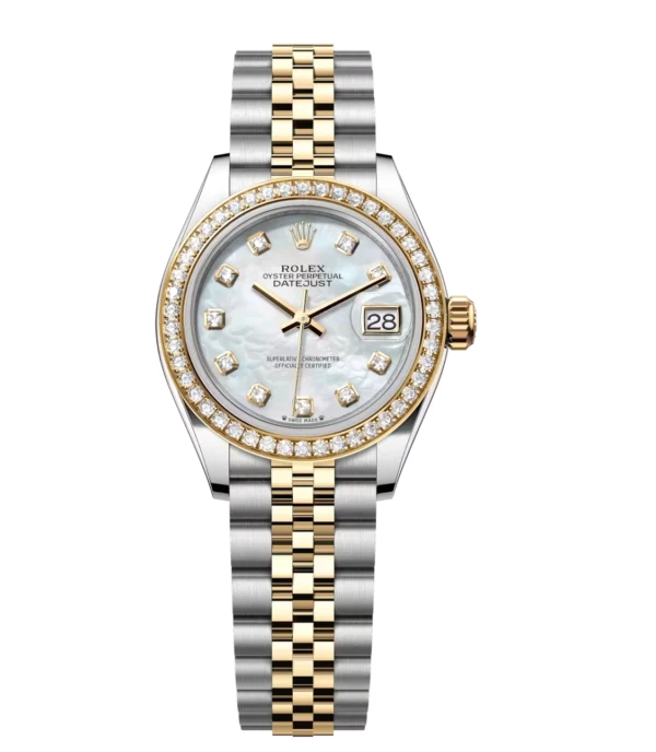 Rolex Lady-Datejust 28 Oyster Perpetual Oystersteel and yellow gold white mother-of-pearl, diamond-set dial Jubilee band Reference 279383RBR