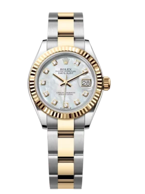 Rolex Lady-Datejust 28 Oyster Perpetual Oystersteel and yellow gold white mother-of-pearl, diamond-set dial Oyster band Reference 279173