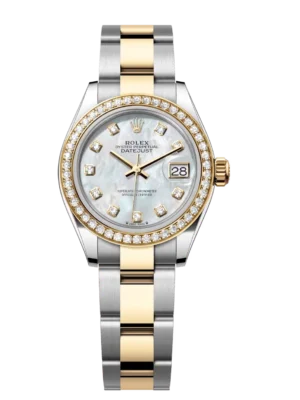 Rolex Lady-Datejust 28 Oyster Perpetual Oystersteel and yellow gold white mother-of-pearl, diamond-set dial Oyster band Reference 279383RBR