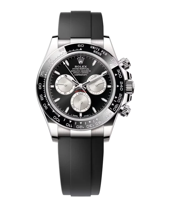 Rolex Cosmograph Daytona 40 Oyster Perpetual 18 ct white gold bright black and steel dial Oysterflex band Reference 126519LN