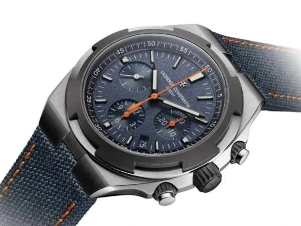 Vacheron Constantin Overseas “Everest” Chronograph, Sapphire dial, Gray Cordura fabric with orange stitching and black nubuck leather lining Ref. 5510V/000T-B923