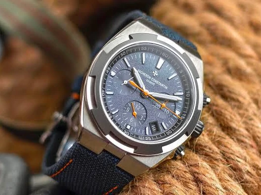 Vacheron Constantin Overseas “Everest” Chronograph, Sapphire dial, Gray Cordura fabric with orange stitching and black nubuck leather lining Ref. 5510V/000T-B923