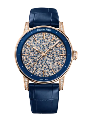 Audemars Piguet Code 11.59 Selfwinding 18-carat pink gold and brilliant-cut blue sapphires and diamonds set dial Pearly dark blue “large square scale” alligator strap Ref. 77410OR.ZZ.D343CR.01