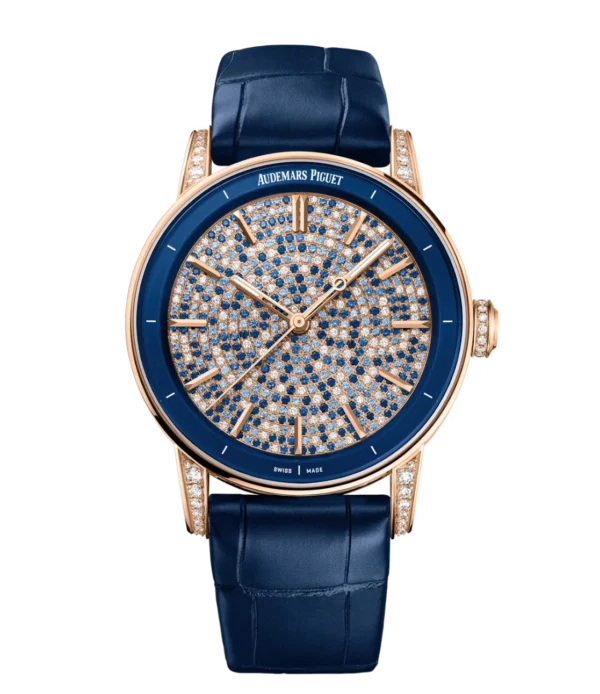 Audemars Piguet Code 11.59 Selfwinding 18-carat pink gold and brilliant-cut blue sapphires and diamonds set dial Pearly dark blue “large square scale” alligator strap Ref. 77410OR.ZZ.D343CR.01
