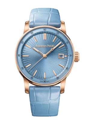 Audemars Piguet Code 11.59 Selfwinding 18-carat pink gold and Light blue dial Pearly light blue “large square scale” alligator strap Ref. 77410OR.OO.A344CR.01