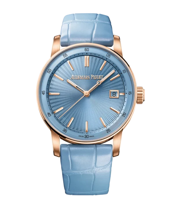 Audemars Piguet Code 11.59 Selfwinding 18-carat pink gold and Light blue dial Pearly light blue “large square scale” alligator strap Ref. 77410OR.OO.A344CR.01