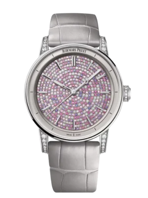 Audemars Piguet Code 11.59 Selfwinding 18-carat white gold and brilliant-cut pink sapphires and diamonds set dial Pearly grey “large square scale” alligator strap Ref. 77410BC.ZZ.D132CR.01