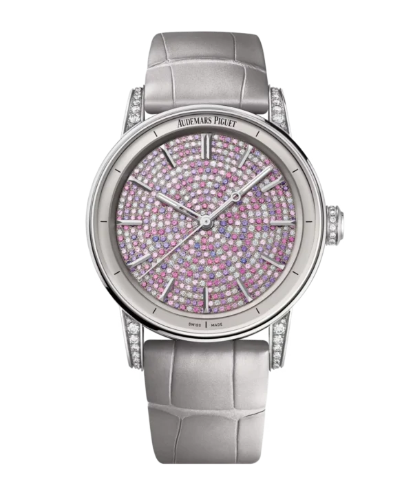 Audemars Piguet Code 11.59 Selfwinding 18-carat white gold and brilliant-cut pink sapphires and diamonds set dial Pearly grey “large square scale” alligator strap Ref. 77410BC.ZZ.D132CR.01