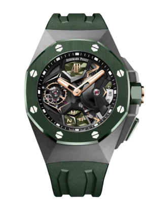 Audemars Piguet Royal Oak Concept Flying Tourbillon GMT Titanium and black inner bezel dial Textured green rubber strap Ref. 26589IO.OO.D056CA.01