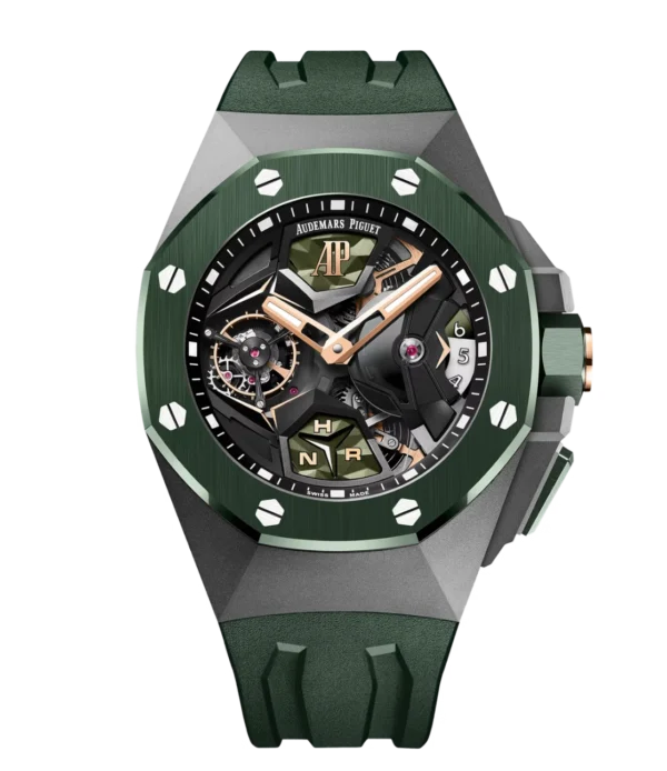 Audemars Piguet Royal Oak Concept Flying Tourbillon GMT Titanium and black inner bezel dial Textured green rubber strap Ref. 26589IO.OO.D056CA.01
