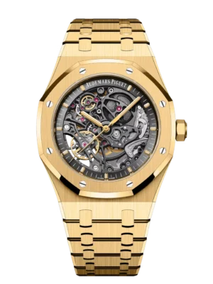 Audemars Piguet Royal Oak Double Balance Wheel Openworked 18-carat yellow gold and Blackened inner bezel dial 18-carat yellow gold bracelet Ref. 15407BA.OO.1220BA.01