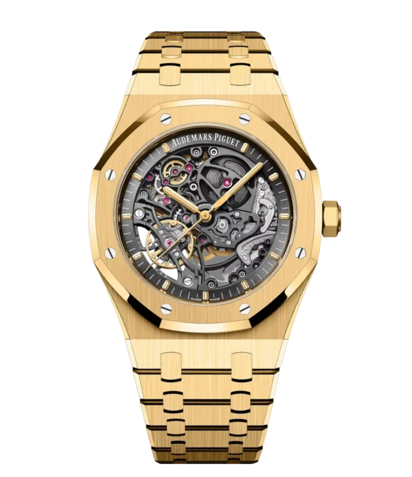 Audemars Piguet Royal Oak Double Balance Wheel Openworked 18-carat yellow gold and Blackened inner bezel dial 18-carat yellow gold bracelet Ref. 15407BA.OO.1220BA.01