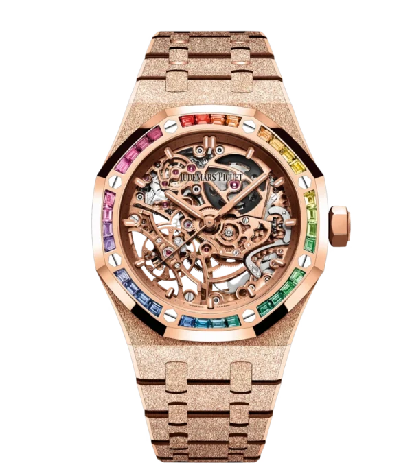 Audemars Piguet Royal Oak Frosted Gold Double Balance Wheel Openworked 18-carat pink gold and Pink gold-toned openworked dial Hammered 18-carat pink gold bracelet Ref. 15468OR.YG.1259OR.01-B