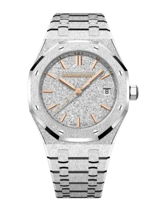 Audemars Piguet Royal Oak Frosted Gold Selfwinding 18-carat white gold and Rhodium-plated crystal sand finished dial Hammered 18-carat white gold bracelet Ref. 77450BC.GG.1361BC.01