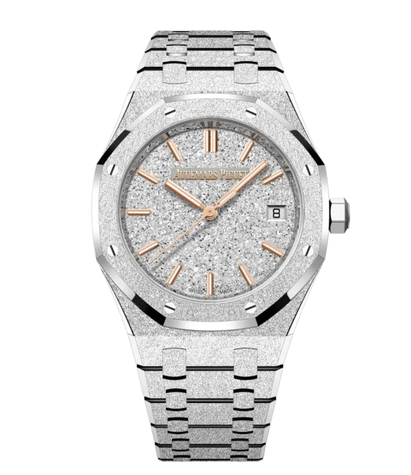 Audemars Piguet Royal Oak Frosted Gold Selfwinding 18-carat white gold and Rhodium-plated crystal sand finished dial Hammered 18-carat white gold bracelet Ref. 77450BC.GG.1361BC.01