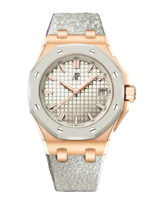 Audemars Piguet Royal Oak Offshore Selfwinding 18-carat pink gold and Ivory guilloché mirror-polished dial Grey strap Ref. 77605OK.OO.A101CA.01