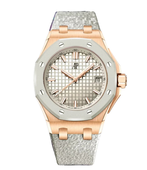 Audemars Piguet Royal Oak Offshore Selfwinding 18-carat pink gold and Ivory guilloché mirror-polished dial Grey strap Ref. 77605OK.OO.A101CA.01