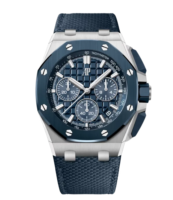 Audemars Piguet Royal Oak Offshore Selfwinding Chronograph Stainless steel and "Bleu Nuit, Nuage 50" “Méga Tapisserie” dial interchangeable "Bleu Nuit, Nuage 50" textured leather strap Ref. 26420SO.OO.A029VE.01