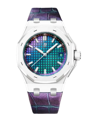 Audemars Piguet Royal Oak Offshore Selfwinding White ceramic and chameleon "Méga Tapisserie" dial purple iridescent alligator strap Ref. 77605CB.OO.A422CR.01