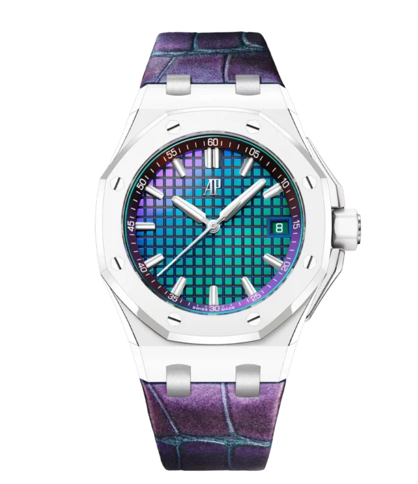 Audemars Piguet Royal Oak Offshore Selfwinding White ceramic and chameleon "Méga Tapisserie" dial purple iridescent alligator strap Ref. 77605CB.OO.A422CR.01
