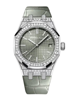 Audemars Piguet Royal Oak Selfwinding 18-carat white gold and Green dial Pearly green “large square scale” alligator strap Ref. 15551BC.ZZ.D405CR.01