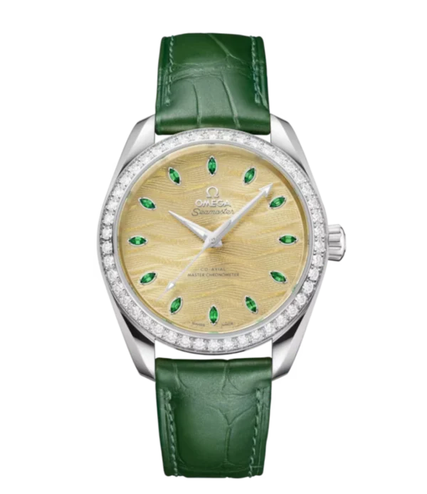 OMEGA Seamaster Aqua Terra 150M Canopus Gold™ and Green, tsavorite hour dial diamond-paved bezel Green Alligator leather Strap Ref. 220.58.38.20.99.008