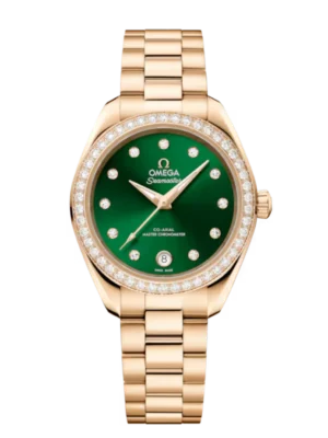 OMEGA Seamaster Aqua Terra 150M Moonshineâ„¢ gold and Green, diamond hour dial diamond set bezel Moonshineâ„¢ gold Butterfly clasp bracelet Ref. 220.55.30.20.60.001