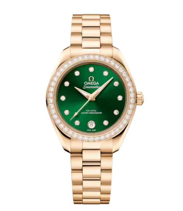 OMEGA Seamaster Aqua Terra 150M Moonshine™ gold and Green, diamond hour dial diamond set bezel Moonshine™ gold Butterfly clasp bracelet Ref. 220.55.30.20.60.001