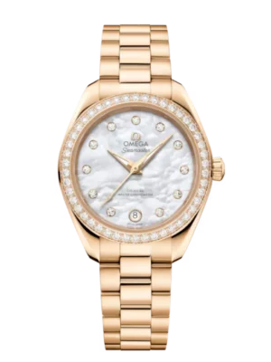 OMEGA Seamaster Aqua Terra 150M Moonshineâ„¢ gold and White, diamond hour dial diamond set bezel Moonshineâ„¢ gold Butterfly clasp bracelet Ref. 220.55.30.20.55.001