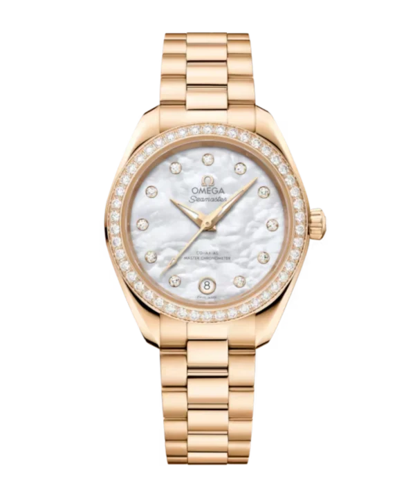 OMEGA Seamaster Aqua Terra 150M Moonshine™ gold and  White, diamond hour dial diamond set bezel Moonshine™ gold Butterfly clasp bracelet Ref. 220.55.30.20.55.001