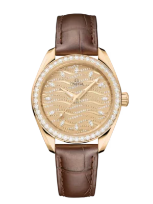 OMEGA Seamaster Aqua Terra 150M Moonshine™ gold and Yellow, diamond hour dial diamond-paved bezel Brown Alligator leather strap Ref. 220.58.34.20.99.008