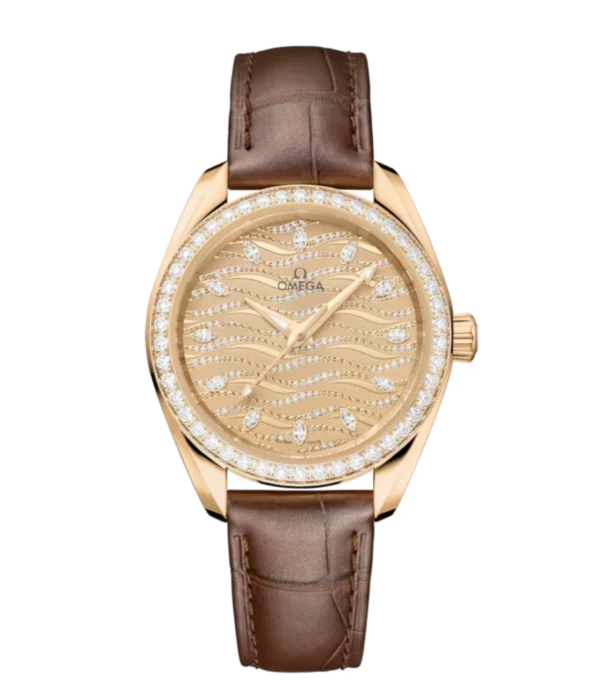 OMEGA Seamaster Aqua Terra 150M Moonshine™ gold and Yellow, diamond hour dial diamond-paved bezel Brown Alligator leather strap Ref. 220.58.34.20.99.008