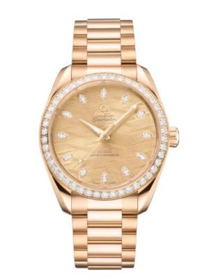 OMEGA Seamaster Aqua Terra 150M Moonshine™ gold and Yellow, diamond hour dial diamond-paved bezel Moonshine™ gold Butterfly clasp bracelet Ref. 220.55.38.20.99.002