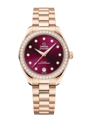 OMEGA Seamaster Aqua Terra 150M Sedna™ gold and Burgundy, diamond hour dial diamond set bezel Sedna™ gold Butterfly clasp bracelet Ref. 220.55.30.20.61.001