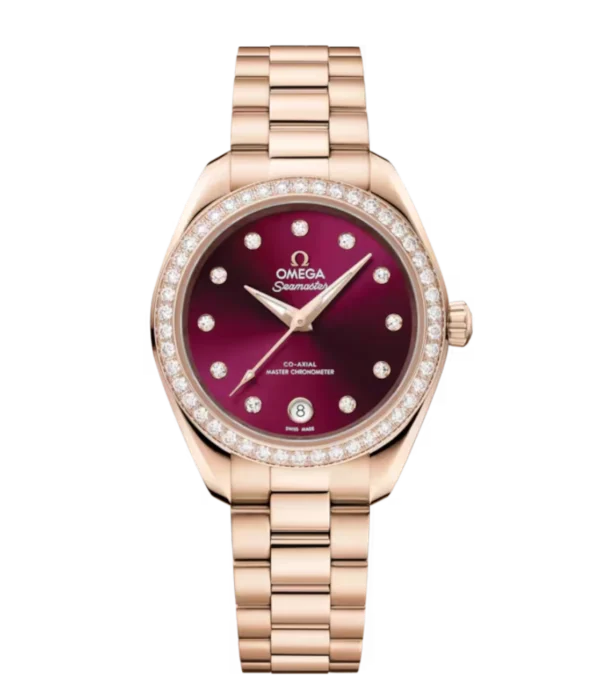 OMEGA Seamaster Aqua Terra 150M Sedna™ gold and Burgundy, diamond hour dial diamond set bezel Sedna™ gold Butterfly clasp bracelet Ref. 220.55.30.20.61.001