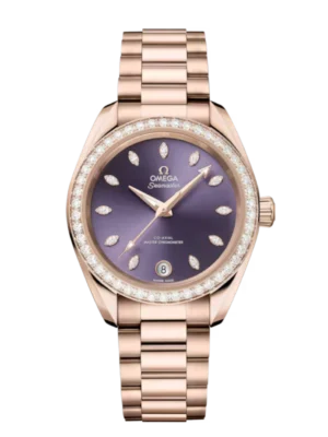 OMEGA Seamaster Aqua Terra 150M Sedna™ gold and Lavender, diamond indexes dial diamond-paved bezel Sedna™ gold butterfly clasp bracelet Ref. 220.55.34.20.60.001