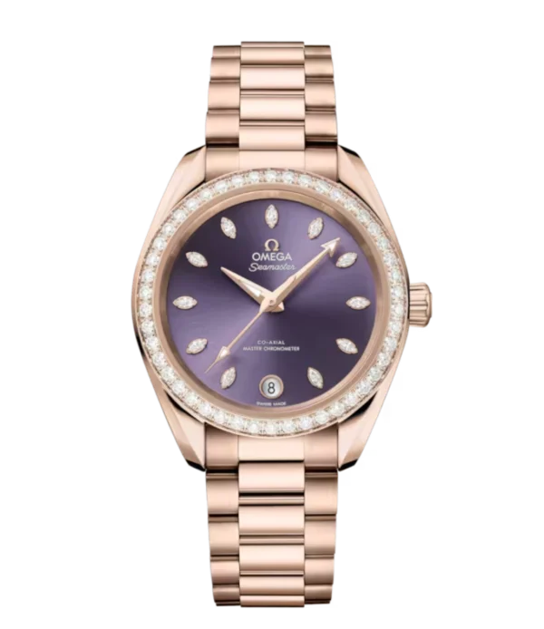 OMEGA Seamaster Aqua Terra 150M Sedna™ gold and Lavender, diamond indexes dial diamond-paved bezel Sedna™ gold butterfly clasp bracelet Ref. 220.55.34.20.60.001