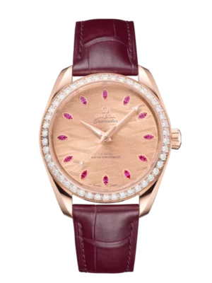 OMEGA Seamaster Aqua Terra 150M Sedna™ gold and Pink, 12 ruby hour markers dial diamond-paved bezel Burgundy Alligator Leather strap Ref. 220.58.38.20.99.007