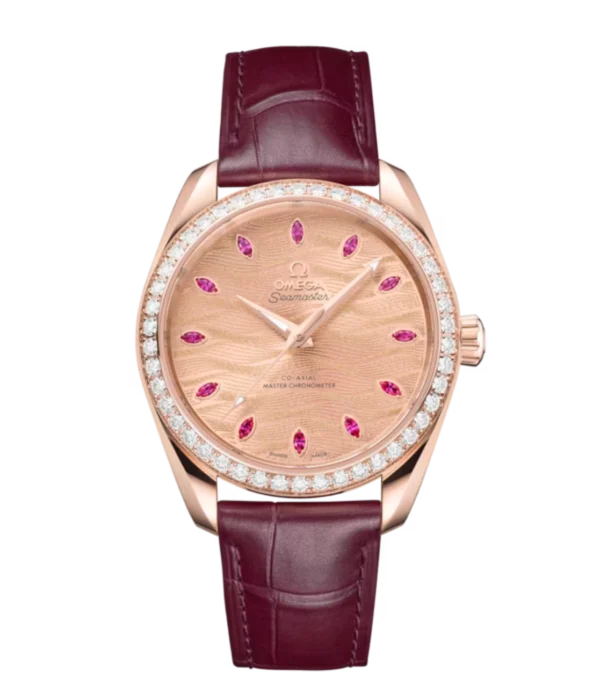 OMEGA Seamaster Aqua Terra 150M Sedna™ gold and Pink, 12 ruby hour markers dial diamond-paved bezel Burgundy Alligator Leather strap Ref. 220.58.38.20.99.007