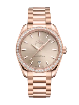 OMEGA Seamaster Aqua Terra 150M Sedna™ gold and Sandstone dial with a diamond-paved bezel Sedna™ gold Butterfly clasp bracelet Ref. 220.55.38.20.09.001