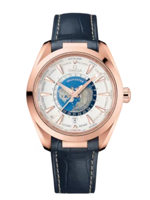 OMEGA Seamaster Aqua Terra 150M Sedna™ gold and Silver dial Blue Alligator leather Strap Ref. 220.53.43.22.02.001