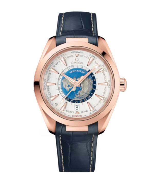 OMEGA Seamaster Aqua Terra 150M Sedna™ gold and Silver dial Blue Alligator leather Strap Ref. 220.53.43.22.02.001