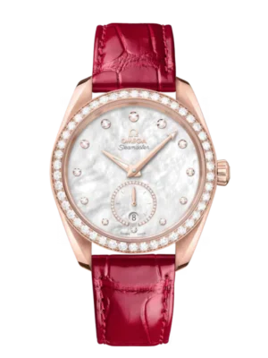 OMEGA Seamaster Aqua Terra 150M Sedna™ gold and White, diamond indexes dial 18K Sedna™ gold ring set with diamonds subdial diamonds on the bezel Red Alligator Leather Strap Ref. 220.58.38.20.55.002