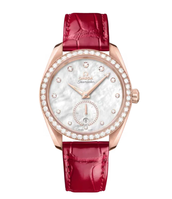 OMEGA Seamaster Aqua Terra 150M Sedna™ gold and White, diamond indexes dial 18K Sedna™ gold ring set with diamonds subdial diamonds on the bezel Red Alligator Leather Strap Ref. 220.58.38.20.55.002