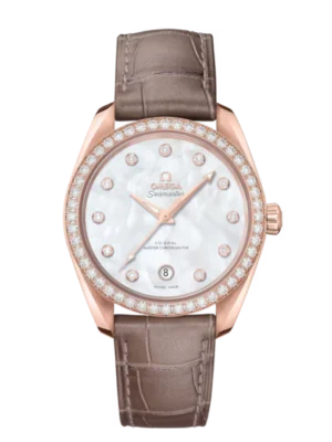 OMEGA Seamaster Aqua Terra 150M Sedna™ gold and White, diamond indexes dial diamond-set bezel Brown Alligator Leather strap Ref. 220.58.38.20.55.001