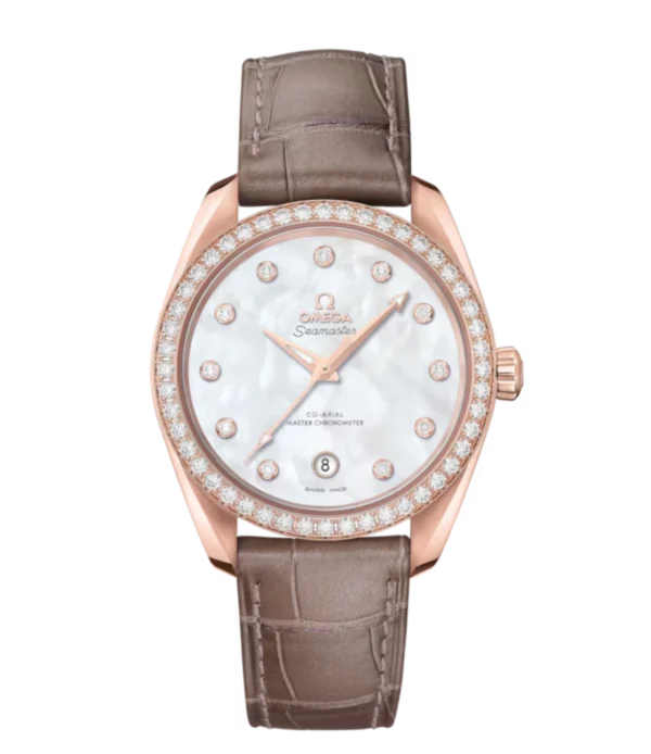 OMEGA Seamaster Aqua Terra 150M Sedna™ gold and White, diamond indexes dial diamond-set bezel Brown Alligator Leather strap Ref. 220.58.38.20.55.001