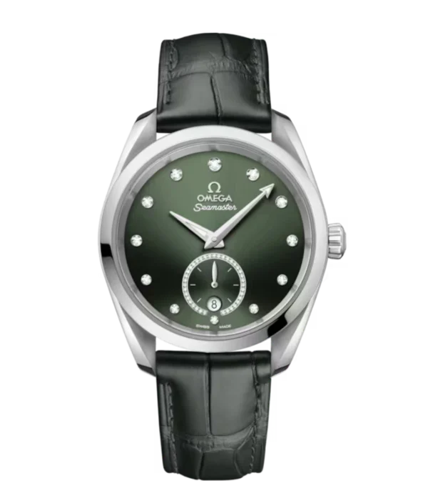 OMEGA Seamaster Aqua Terra 150M Steel and Green, diamond indexes dial rhodium-plated ring set with diamonds subdial Green Leather strap Ref. 220.13.38.20.60.001