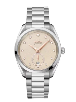 OMEGA Seamaster Aqua Terra 150M Steel and Linen, diamond indexes dial 18K Sednaâ„¢ gold ring set with diamonds subdial Steel Butterfly clasp bracelet Ref. 220.10.38.20.59.001